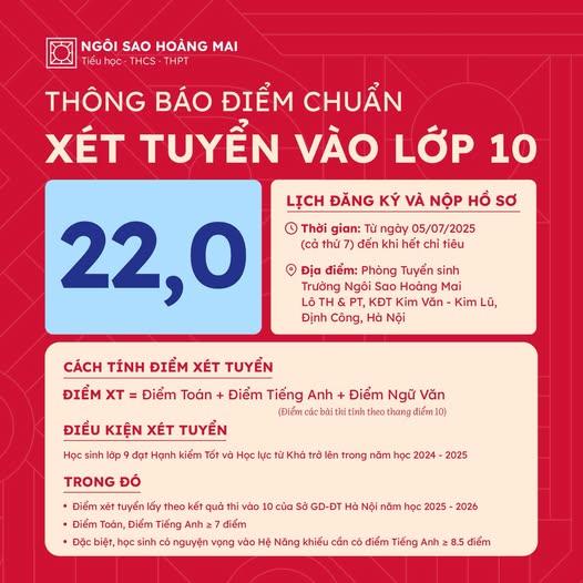 THÔNG BÁO:  ĐIỂM CHUẨN XÉT TUYỂN VÀO LỚP 10 NĂM HỌC 2025-2026 TẠI NGÔI SAO HOÀNG MAI