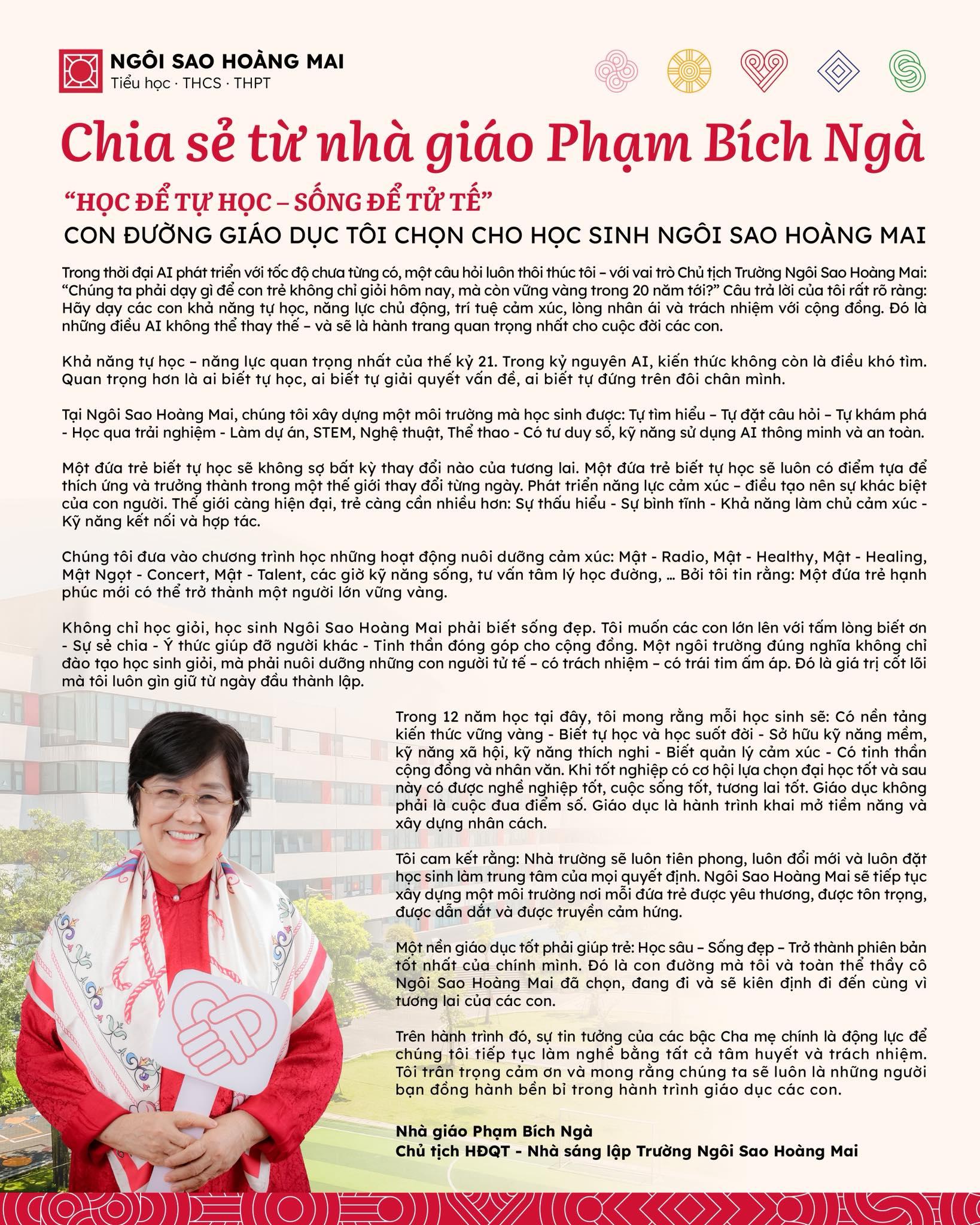 “HỌC ĐỂ TỰ HỌC – SỐNG ĐỂ TỬ TẾ”: THÔNG ĐIỆP TÂM HUYẾT TỪ CHỦ TỊCH PHẠM BÍCH NGÀ