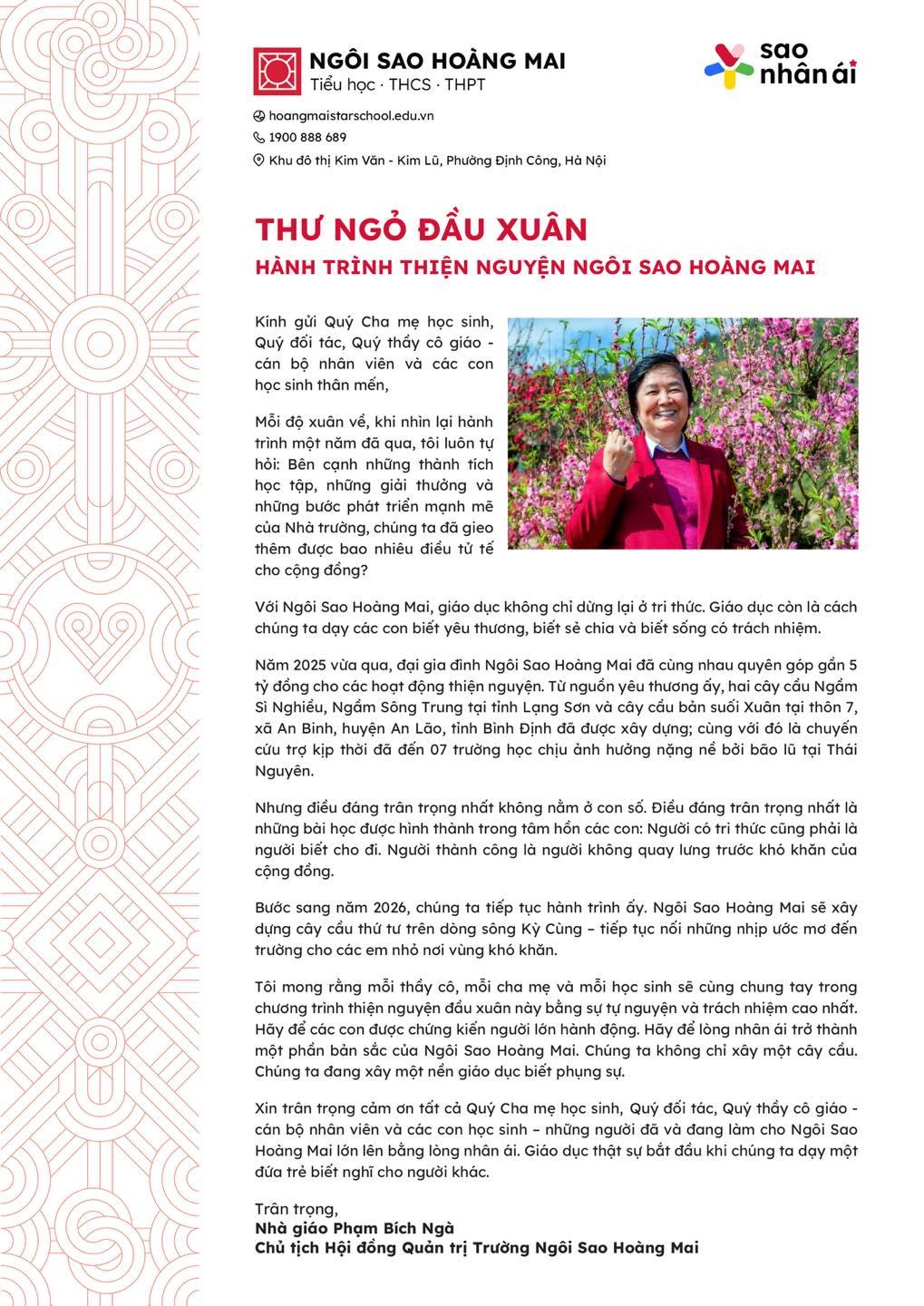 THƯ NGỎ ĐẦU XUÂN 2026 – HÀNH TRÌNH THIỆN NGUYỆN NGÔI SAO HOÀNG MAI