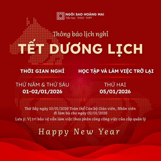 TRƯỜNG NGÔI SAO HOÀNG MAI – THÔNG BÁO LỊCH NGHỈ TẾT DƯƠNG LỊCH 2026