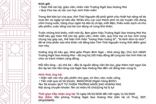 THƯ KÊU GỌI QUYÊN GÓP ỦNG HỘ ĐỒNG BÀO TỈNH THÁI NGUYÊN BỊ ẢNH HƯỞNG BỞI BÃO LŨ