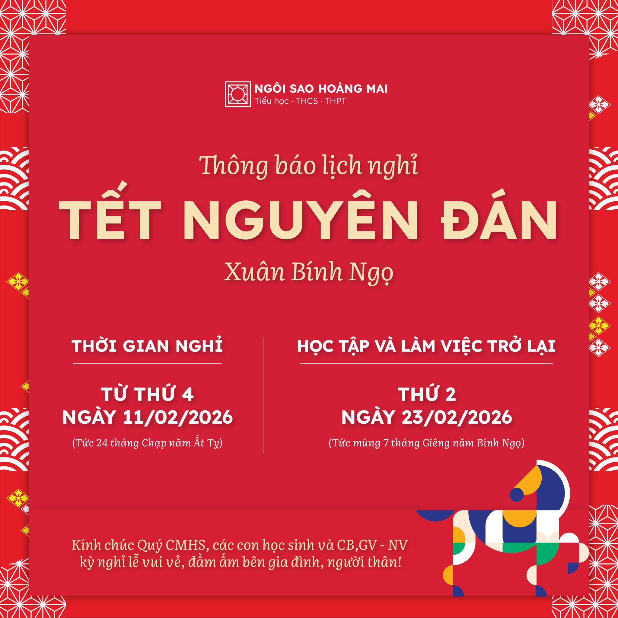 NGÔI SAO HOÀNG MAI THÔNG BÁO LỊCH NGHỈ TẾT NGUYÊN ĐÁN 2026