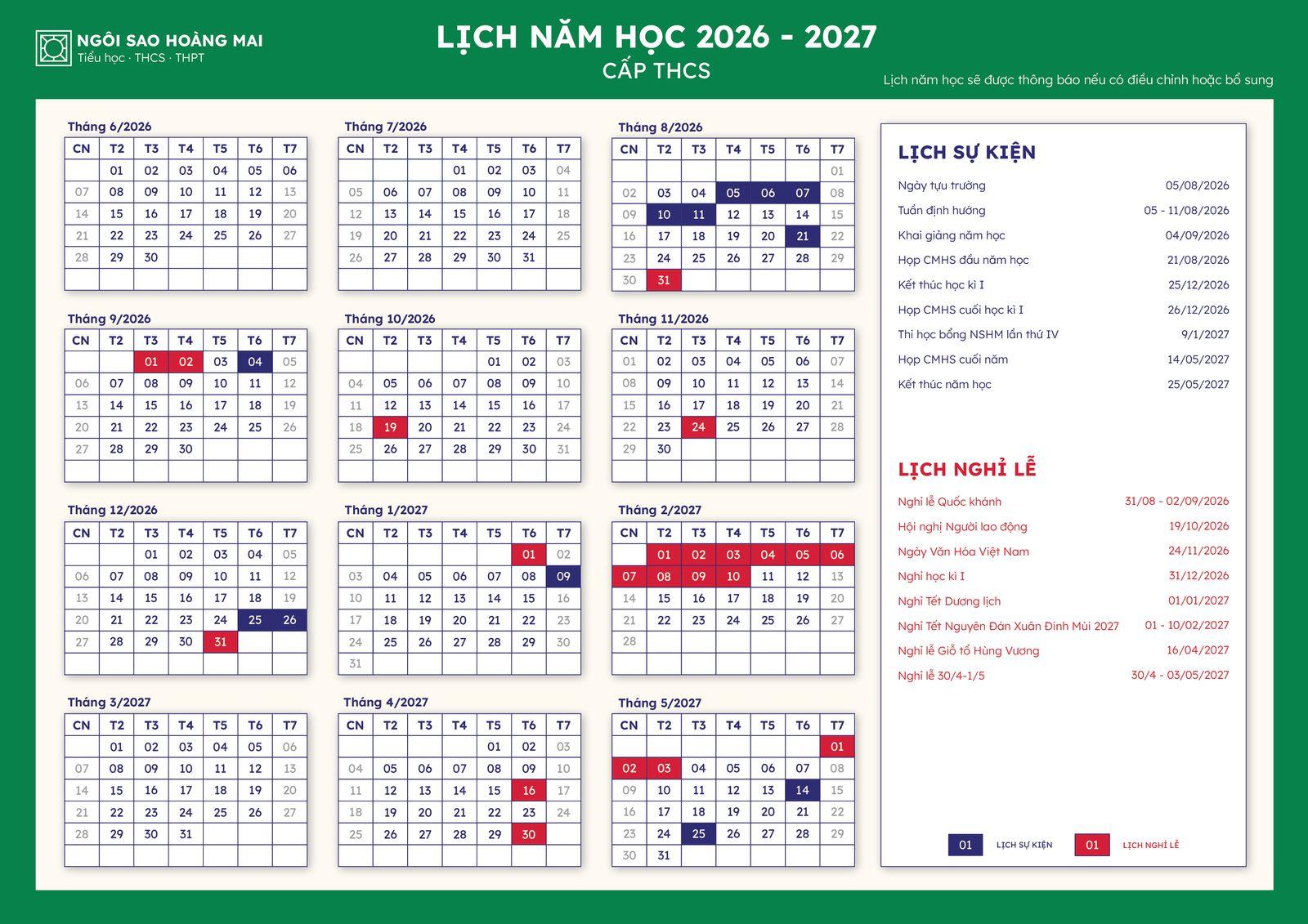 Lịch năm học 2026 – 2027 cấp THCS: lịch sự kiện và lịch nghỉ lễ