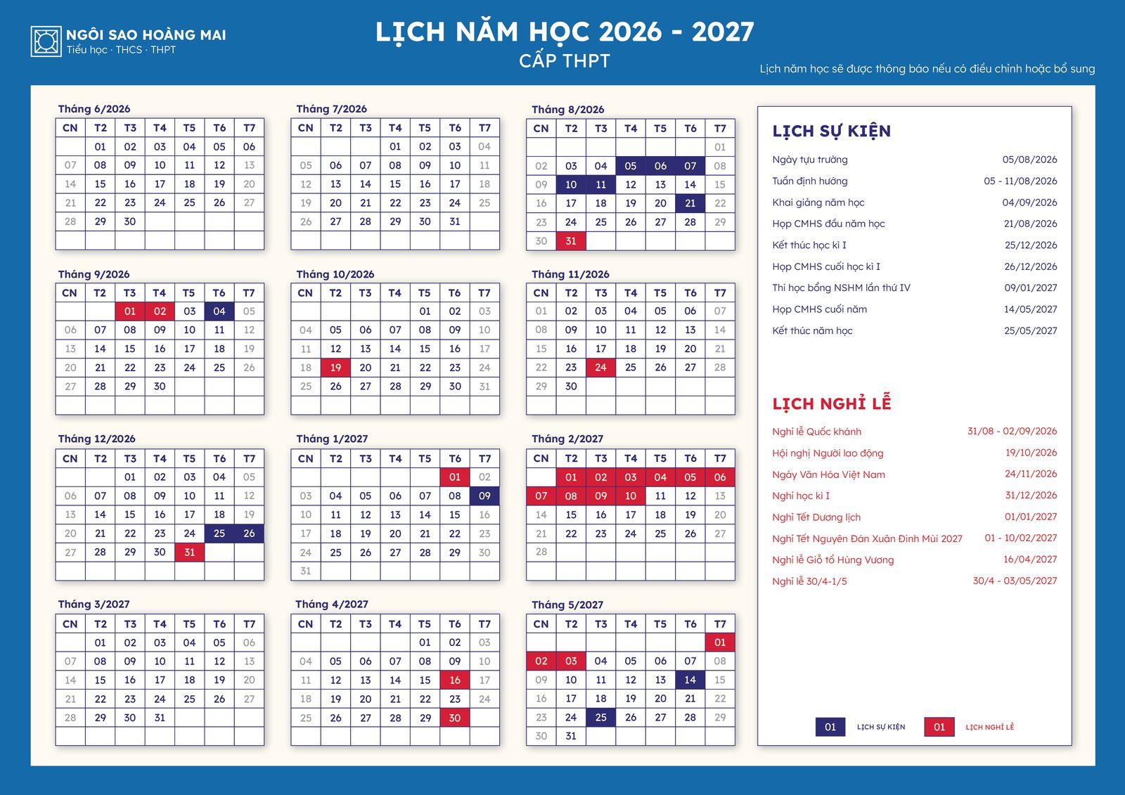 Lịch năm học 2026 – 2027 cấp THPT: lịch sự kiện và lịch nghỉ lễ