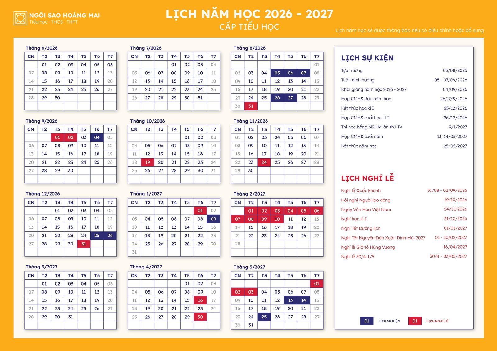 Lịch năm học 2026 – 2027 cấp Tiểu học: lịch sự kiện và lịch nghỉ lễ
