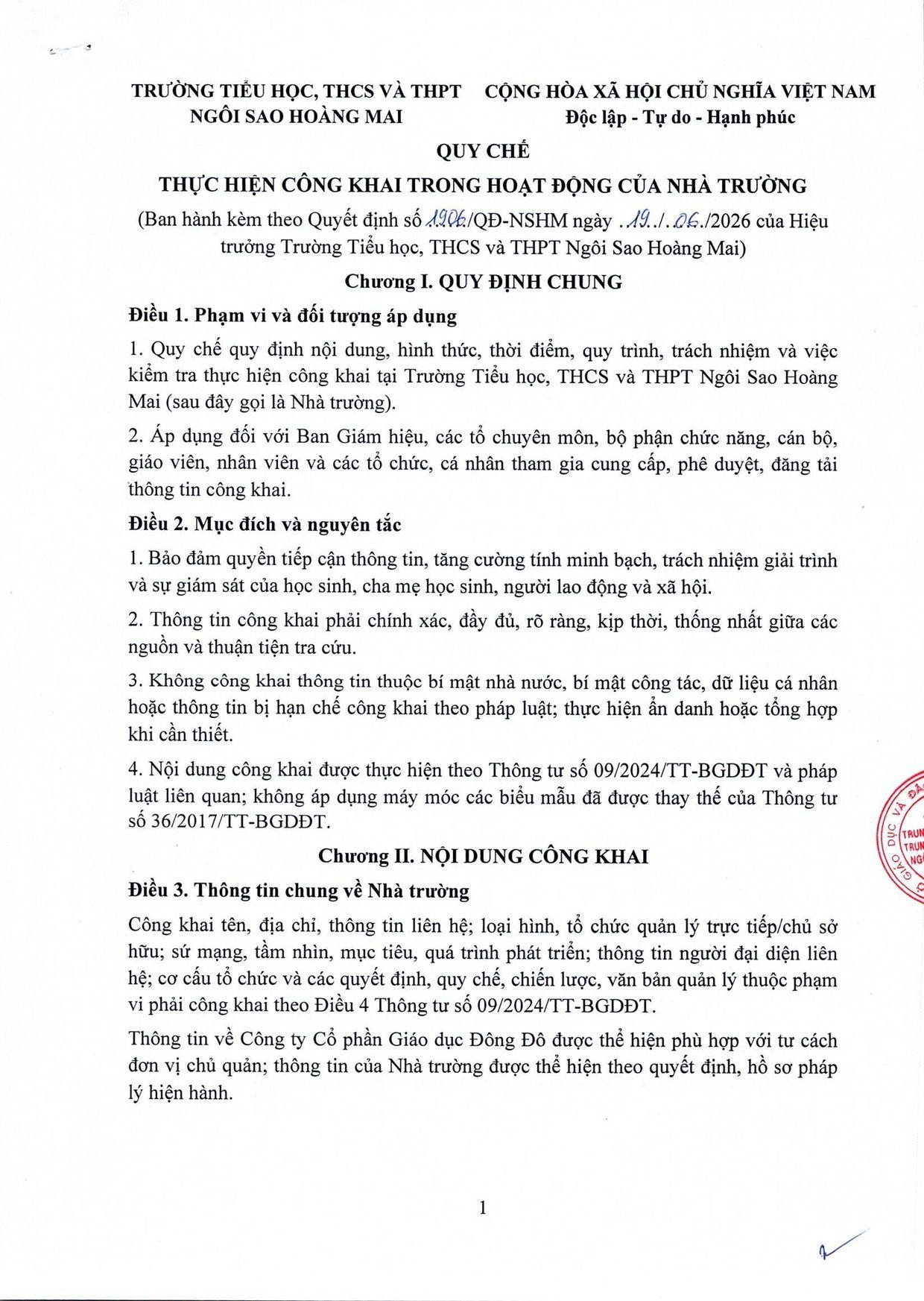 Quy chế thực hiện công khai trong hoạt động của Nhà trường - trang 1