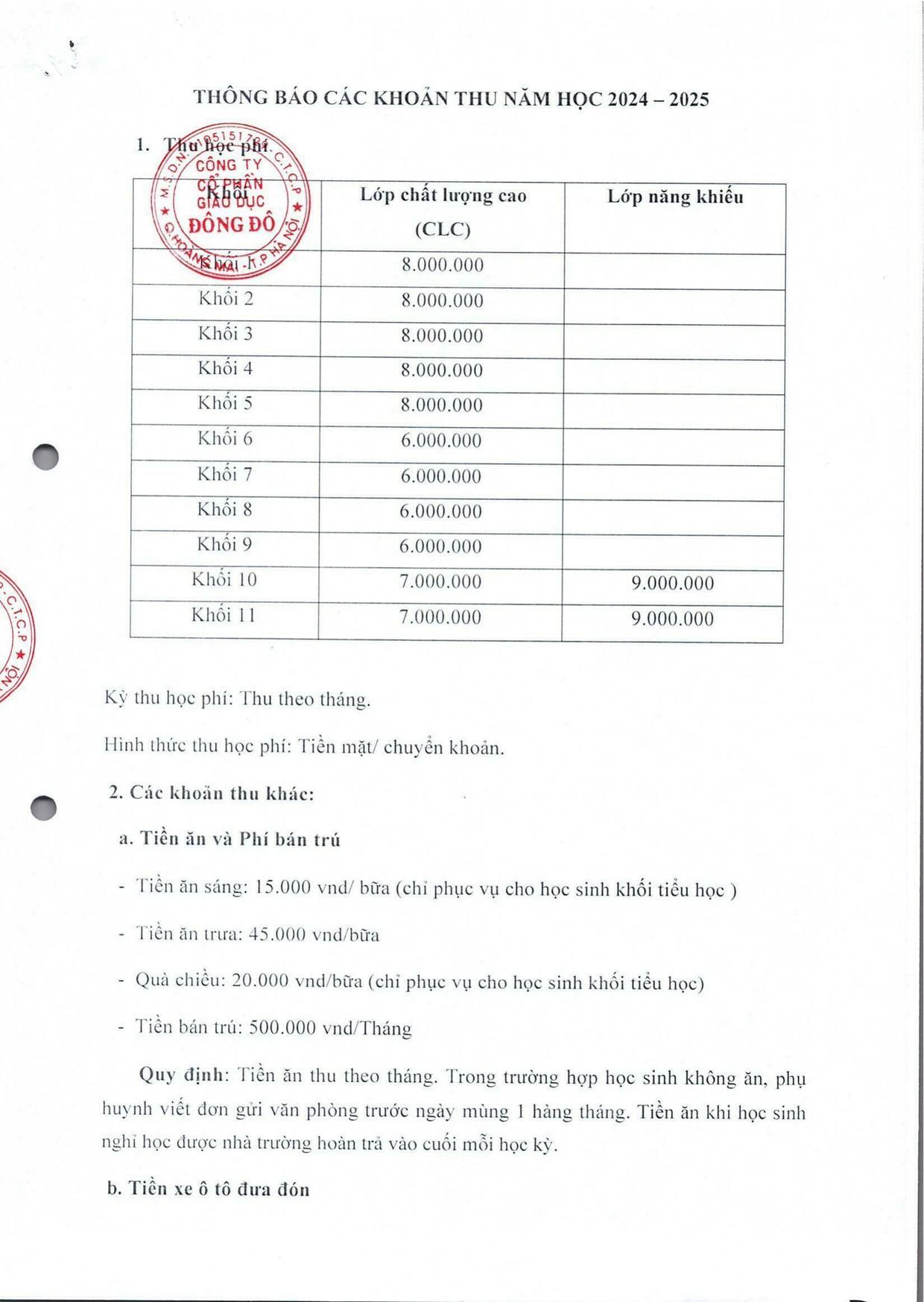 Thông báo các khoản thu năm học 2024-2025 - trang 1
